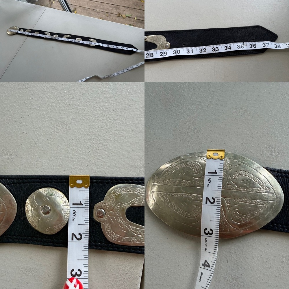 Vintage 1980s Black Genuine Leather Moroccan Concho Waist Belt Wide Silver Tone - Picture 4 of 15
